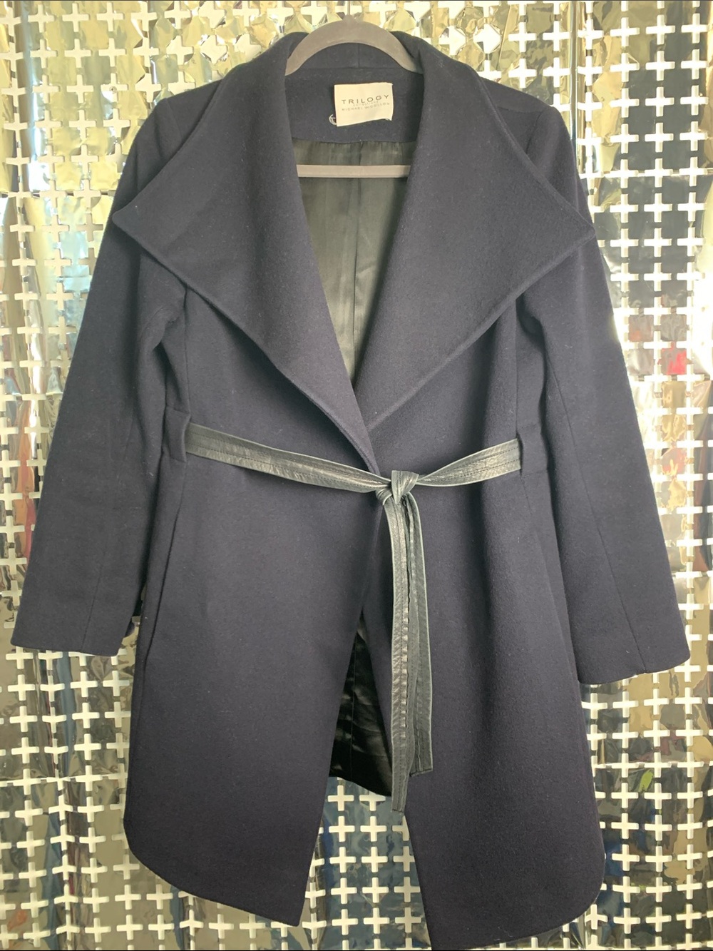 Trilogy Women's Navy Wool-Blend Belted Trench Coat